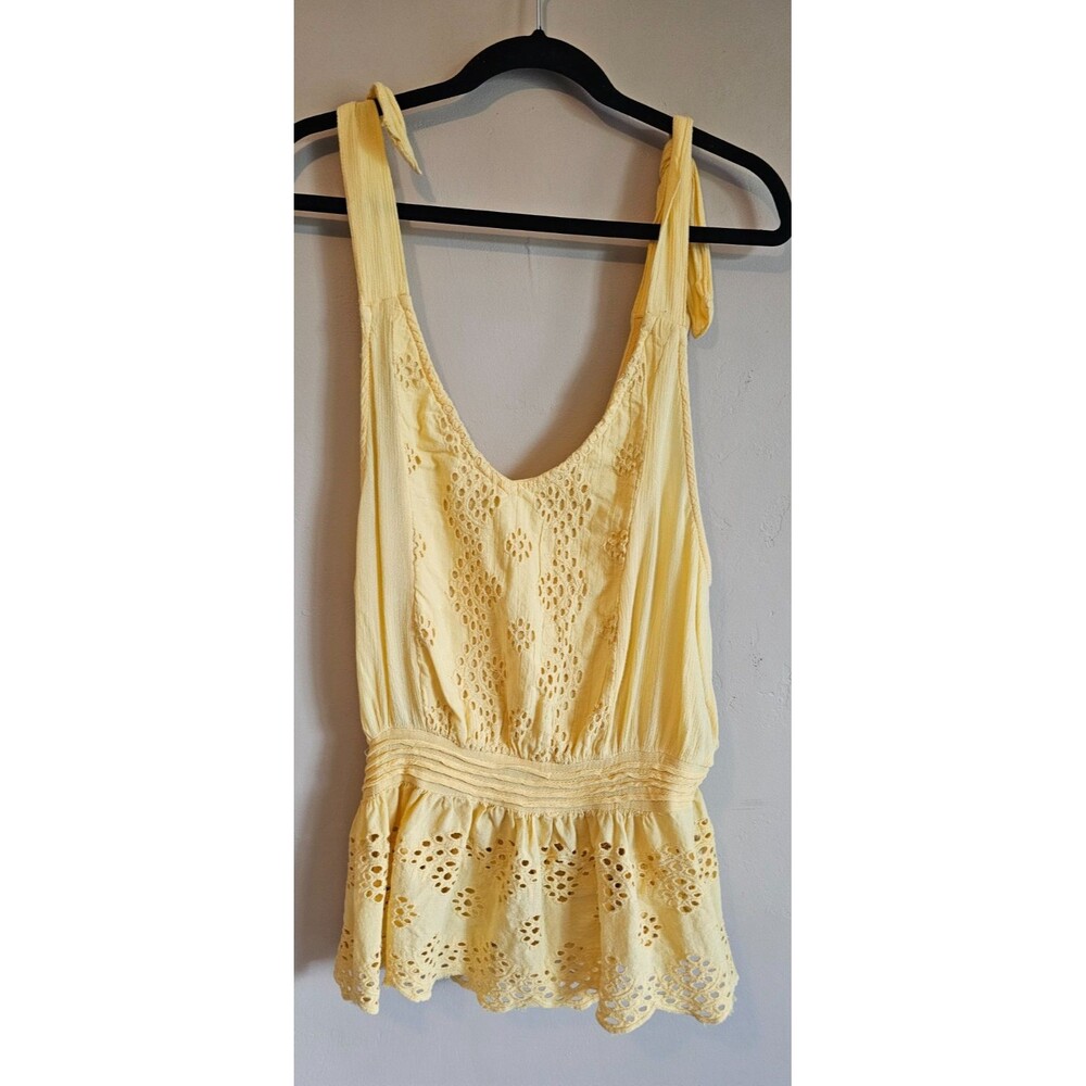 Cynthia Rowley Women's Bright Yellow Sleeveless Eyelet Blouse Top Tie Straps Lrg